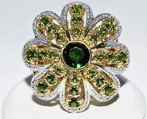 3.07CT NATURAL CHROME DIOPSIDE & WHITE DIAMOND SILVER FLOWER RING - Picture 1 of 7