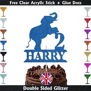 Personalised Custom Elephant Cake Topper Glitter Kids Boy Girl Birthday Party - Picture 1 of 18