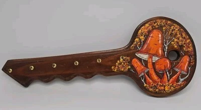 Vtg Wood Painted Mushroom Art 6 Key Hanger Rack Wall Mount Retro Signed DACO 17" - Image 1 of 4