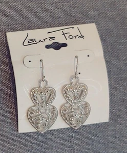 Laura Ford Silver Tone Double Heart Drop/Dangle Earrings Pierced New on Card - Picture 1 of 3