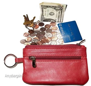 Nuevo bolso de cambio de cuero, billetera de monedas con cremallera roja, estuche para monedas de 2 bolsillos con llavero nuevo con etiquetas - Imagen 1 de 12