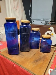 Vintage 4 Cobalt Glass Blue Bale Top Jars /Canisters /Vase’s - Picture 1 of 2