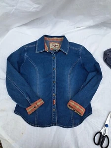 Vintage 90er Y2K Denim Hard Rock tailliert Damen Jeanshemd Jacke Medium kariert Stretch - Bild 1 von 9