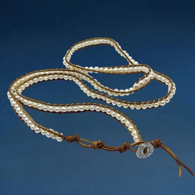 Victoria Emerson Pearl Wrap Bracelet Brown Leather Cord Boho Adjustable 36" - Image 1 of 4