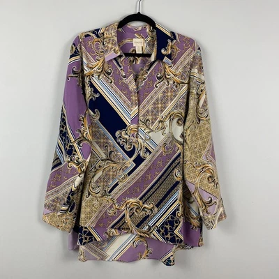 Top túnica Chicos púrpura dorado cadena estampado dobladillo cruzado talla 3 US XL Popover Foto 1 de 4