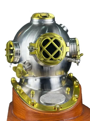 Diving Helmet Chrome Plated Deep Sea Scuba Divers Diving Helmet With Wooden Base - Image 1 of 4