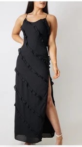 Ruffle Maxi Dress In The Style Womens Size 18 Black Strappy Frill Side Slit NEW - Picture 1 of 5
