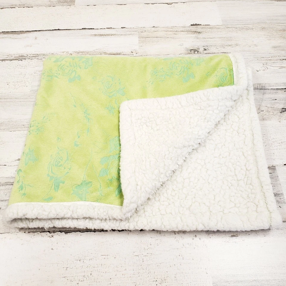 Laura Ashley Baby 31x36 Green White Floral Roses Sherpa Baby Blanket - Image 1 of 4