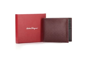 $450 New In Box Salvatore Ferragamo Embossed Gancini Wine Leather Bi-fold Wallet - Picture 1 of 6