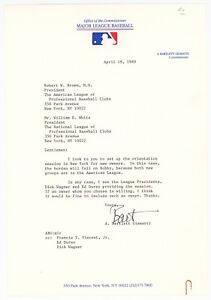 Bart Giamatti Typed Signed Letter Autograph to Bobby Brown & Bill White d. 1989