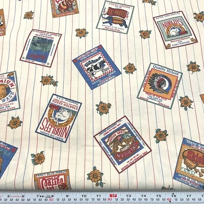 Vintage Joan Kessler Farm Feed Labels & Stripes Cotton Fabric by the Half Yard - Image 1 of 2