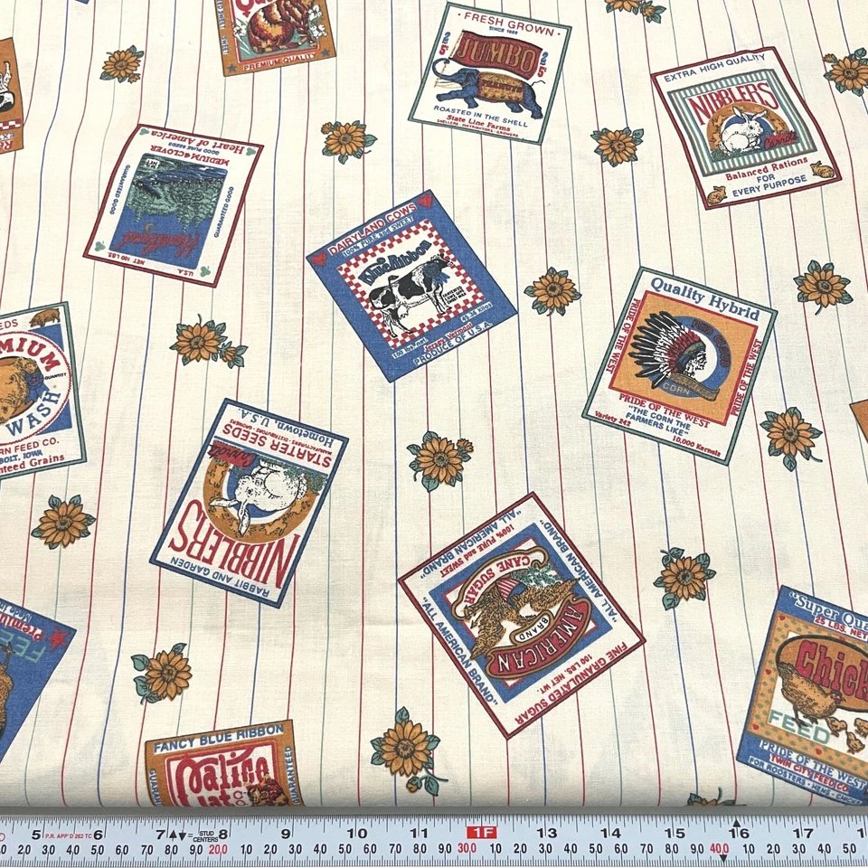 Vintage Joan Kessler Farm Feed Labels & Stripes Cotton Fabric by the Half Yard - Image 1 of 2