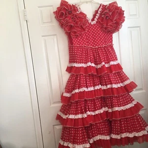 Vintage Spanish Flamenco Feria Gypsy Dress M 6 TO ADJUST Red White Polka Dot - Picture 1 of 18