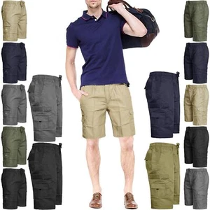 Mens Elasticated Waist Cargo Shorts Combat Multi Pockets Relaxed Summer Bottoms - Picture 1 of 7