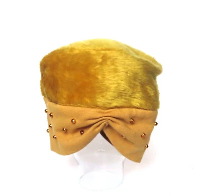 Vintage Women’s Faux Fur & Knit Pillbox Cloche Hat, Rhinestuds, Goldenrod - Image 1 of 4
