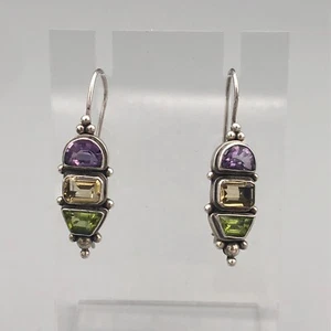 Vintage Byzantine Gemstone Sterling Silver Earrings 925 Amethyst Citrine Peridot - Picture 1 of 8