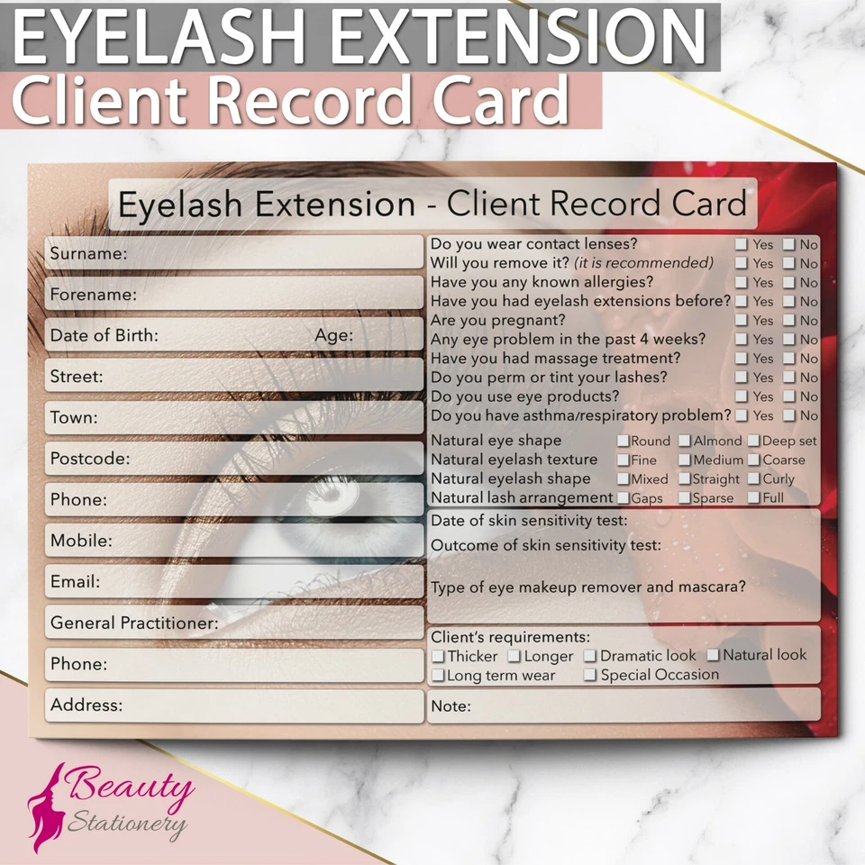 BEAUTY STATIONERY Extension Ciglia Client Record Card NUOVO - PREMIUM Trattamento Consultazione A6