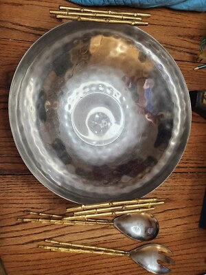 14" Diameter Silver Abd Gold Bamboo Look Salad Bowl And Two Tongs - Image 1 of 4