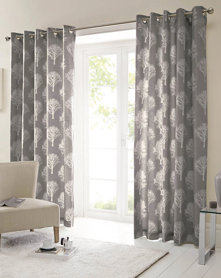Woodland Trees Charcoal Eyelet Curtains 100% Cotton - Image 1 of 1
