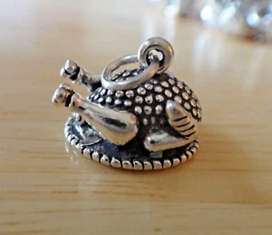 Sterling Silver 3D 14x12mm Cooked Plated Thanksgiving Turkey Charm - Picture 1 of 12