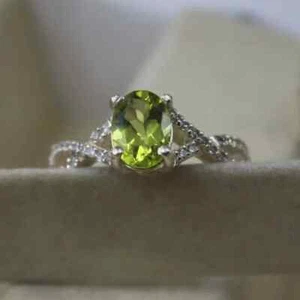 2.40 Ct Oval Cut Natural Peridot Diamond Engagement Ring 14K Solid White Gold - Picture 1 of 6