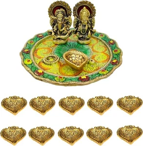 NEW! Pooja Thali Set Combo with 10 Diya Small 5.5" Multi Color Puja Essentials - Picture 1 of 12