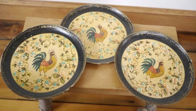 Set of 3 Vintage Country French Rooster Shabby Roses Paper Mache Tray JAPAN - Image 1 of 4