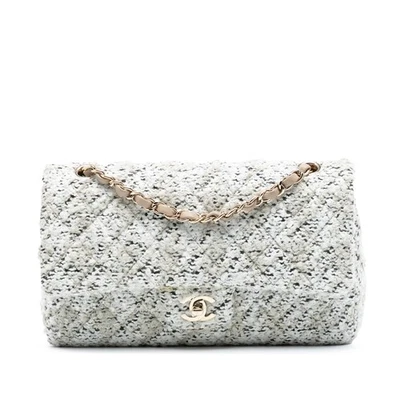 Bolso de Hombro Chanel Autenticado Mediano Clásico Doble Solapa Tela Tweed Blanco Foto 1 de 4