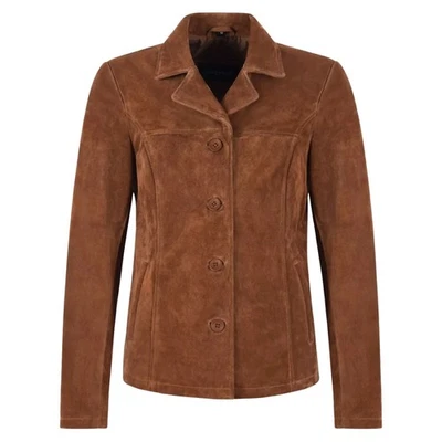 Women’s Tan Suede leather Classic Blazer Style Box Buttons Coat Jacket - Image 1 of 4