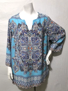 Cynthia Rowley 2X Tunika Top Shirt Mandala Paisley Blau Boho Hippie Festival - Bild 1 von 4
