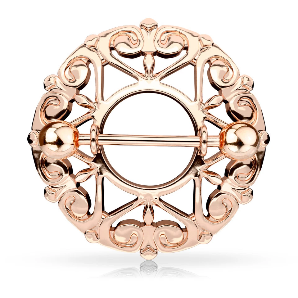 Par de 14GA 3/4" Barra Corazón Filigrana Escudo Redondo Anillo Acero Quirúrgico F122 Foto 1 de 1