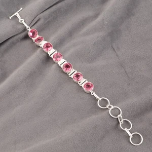 Elegante pulsera boho de cadena de turmalina rosa natural facetada de plata de ley 925 - Imagen 1 de 6