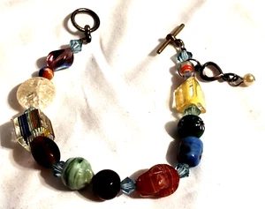 VTG .925 T Clasp Bracelet Art Glass Beads Faceted Crystal Spacers 7.5" - Picture 1 of 8