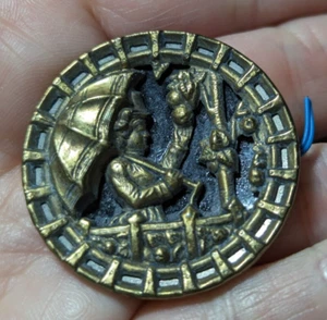 Antique Lady with Parasol Story Button Metal Copper Tone Umbrella Picture Fruit  - Bild 1 von 6