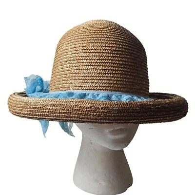 Vintage Betmar Street Smart Straw Hat Blue Lace Ribbon Rolled Brim Cottagecore - Image 1 of 4