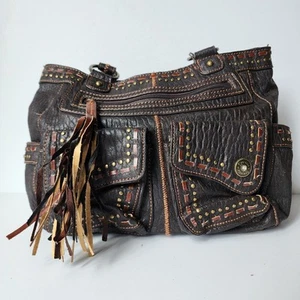 Lou-Ella Brown Purse Shoulder Bag Fringe Studded Handbag Pockets 10"x3"x9" - Picture 1 of 11