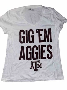 NWOT Women’s Texas A&M Distressed "Gig Em Aggies" White V-Neck t-shirt Size L - Picture 1 of 5