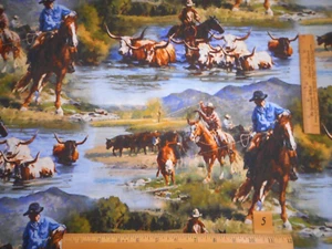 Westernstoff Meterware Viehtrieb Szene Pferde Cowboys Seilen Lenken Baumwolle - Bild 1 von 2
