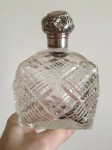 Antique 1891 Czech Crystal Perfume Bottle Silver Repoussé Square Puff Octagonal! - Picture 1 of 24