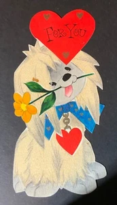VTG Valentine Card Shaggy Puppy Dog Glitter Flower in Mouth “For You” - Picture 1 of 2