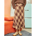 (Khaki L)Plaid A Line Long Skirt High Waist Elastic Side Pocket Thick Women GFL