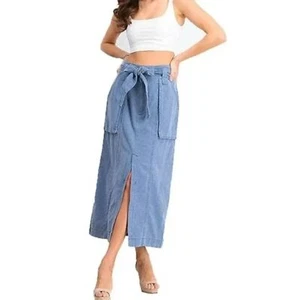 Free People NWT Catching Feelings Belted Midi Skirt Pockets Blueberry Pie 0 New - Picture 1 of 10