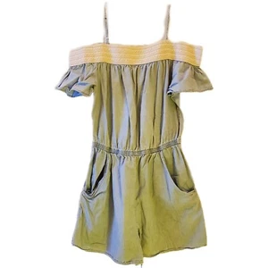 Romper Shorts Blue Chambray Peasant Off Shoulder Crochet Lace Juniors L 11 14 - Picture 1 of 10