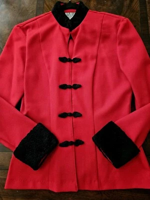 Vintage La Belle Red Black Asian Blazer Coat Fur Trim Sz 3 Tang Suit Jacket Vtg - Image 1 of 4