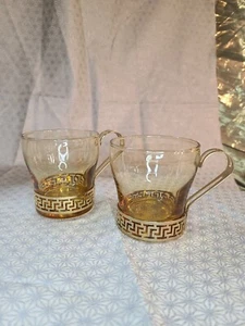 2 Libbey Continental Amber Glass Cups Vintage Metal Handle Mugs Greek Key Pair - Picture 1 of 11
