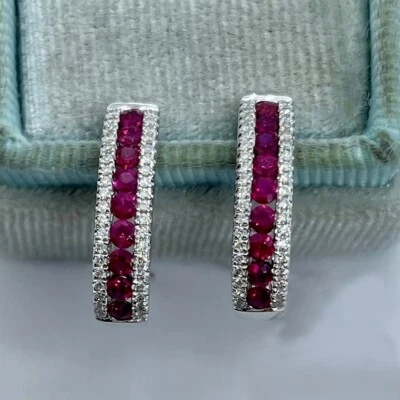 Pendientes de aro de rodolita y moissanita creados en laboratorio de corte redondo de 3 quilates regalo plata 925 Foto 1 de 4