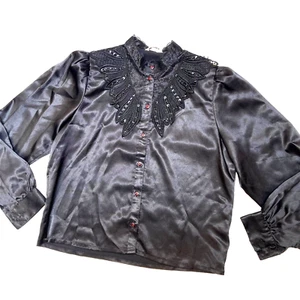 NON’A Black Satin Blouse with Lace with Beads Sequins Sz L  3/4 Sleeves  Vintage - Picture 1 of 7