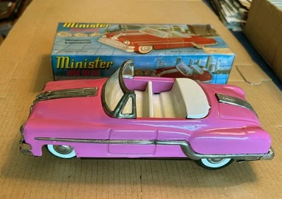 Vtg Minister Open Deluxe Tin Pink Convertible. Pontiac Chieftain w/ Box. Frictio - Image 1 of 4