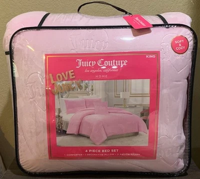 Juicy Couture Pink Hearts & Logos Embossed Plush 4p KING Comforter Set Soft&Cozy - Image 1 of 4
