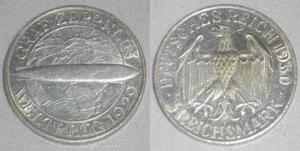 1930G Silver Coin Germany Weimar Republic 3 Reichsmark Graff Zeppelin World Flgt - Picture 1 of 3